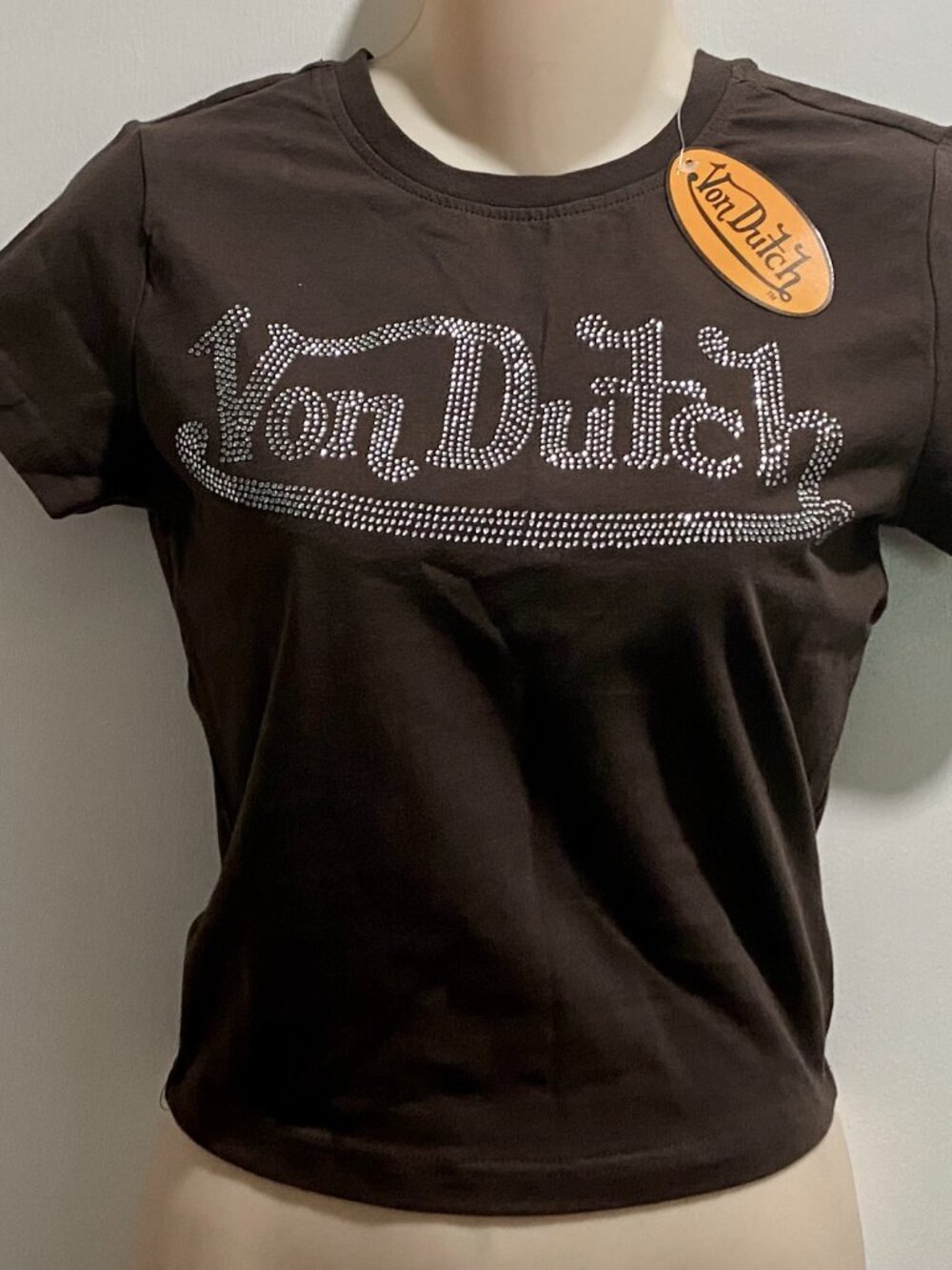 Von Dutch New Brown Y2K Indie Sleaze Preppy Crop Knit Stretch Baby Tee Top S